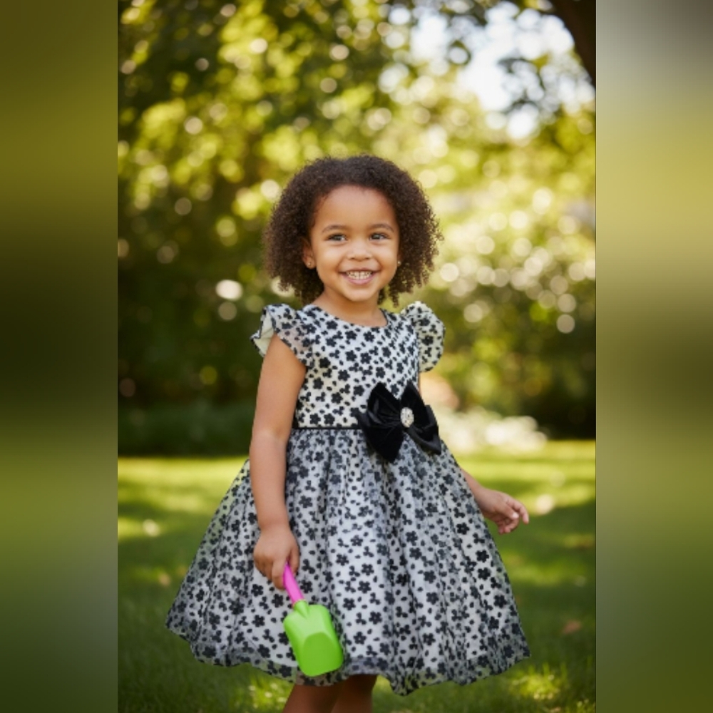Blueberi Boulevard Black and White Floral Kids Dress